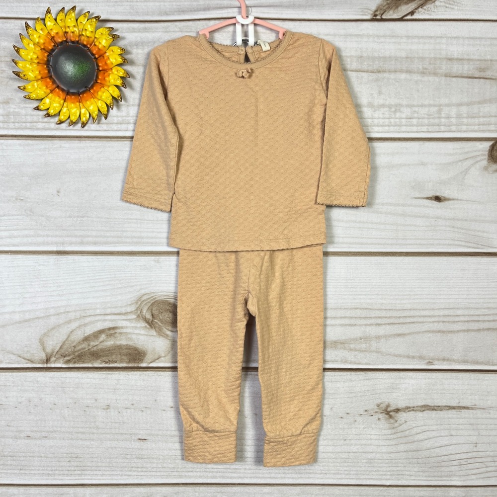 Quincy Mae 6-12M Baby Girls Tan Quilted Knit Long Sleeve Top Pants Pajama Set